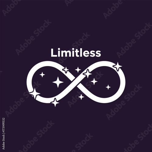 A white infinity symbol with sparkling stars and the word 'Limitless' on a dark purple background, representing endless possibilities and potential.
