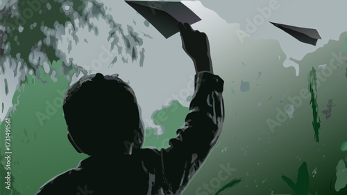 Child soars to new heights with imagination, dreams of flight and paper airplanes launching to sky