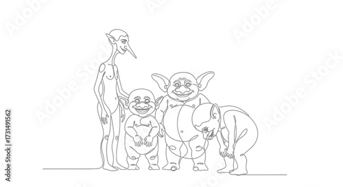 Fantasy Creatures Grouping in Line Art Style, Mythical Characters Collection