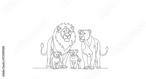Pride Lands A Line Drawing of a Lion Family in the African Savannah