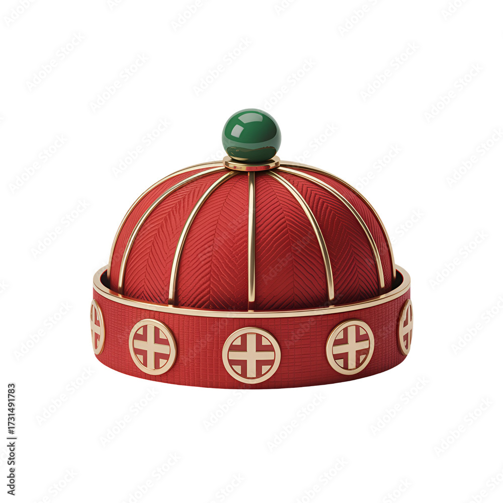 Obraz premium Red textured hat with gold accents and green orb graphic