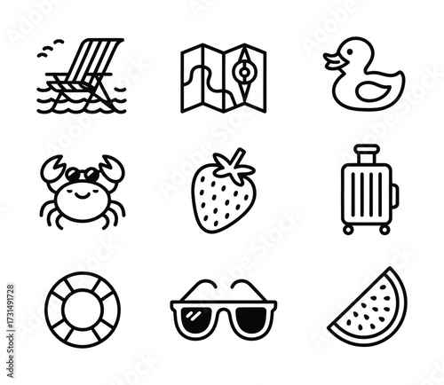 Beach Lifestyle & Seaside Fun Line Icons - Lounge Chair, Map, Rubber Duck, Crab, Strawberry, Suitcase, Lifebuoy, Sunglasses, Watermelon for Tourism Apps & Seasonal Design

