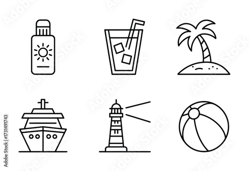 Tropical Vacation & Island Escape Line Icons - Sunscreen, Cocktail, Palm Tree, Cruise Ship, Lighthouse, Beach Ball for Travel Agencies, Hotel Booking & Holiday Marketing

