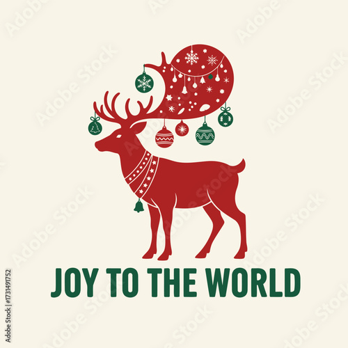 Festive Christmas reindeer with ornaments hanging from antlers and "Joy to the world" text.