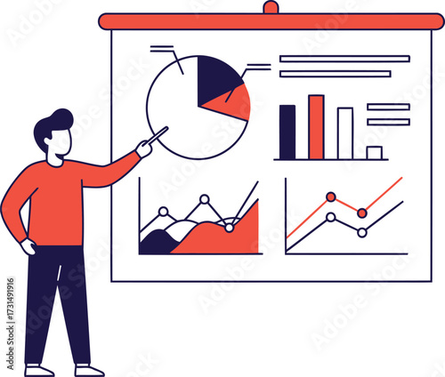 A man in a red shirt points to a presentation screen displaying various charts and graphs.
