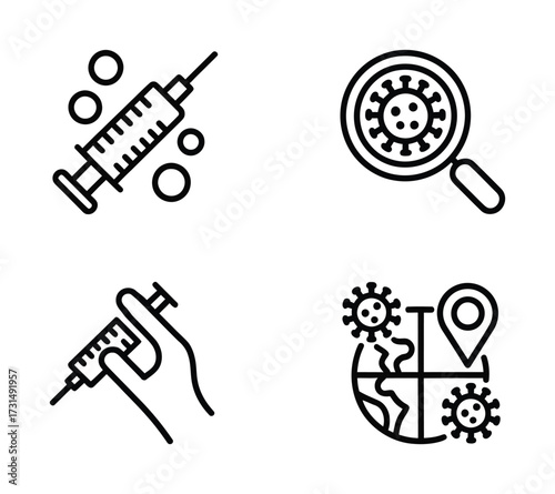 Virus Detection & Vaccination Line Icons — Syringe, Magnifying Glass with Virus, Global Map with Outbreak, Injection Hand for Healthcare, Awareness & Research UI

