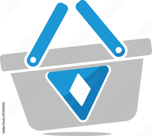 Grey shopping basket icon with blue handles and a blue triangle logo containing a white diamond shape, representing online retail.
