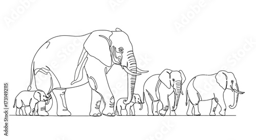 Line Art Illustration of a Family of Elephants in Profile View