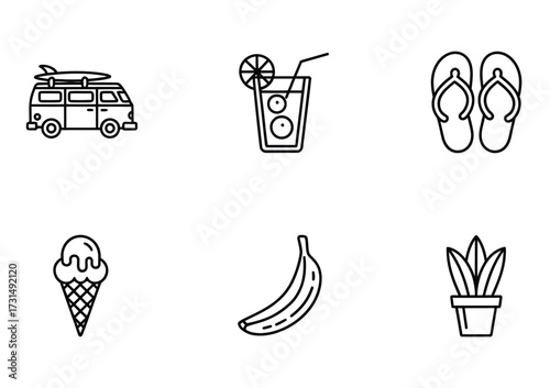 Summer Vacation & Travel Line Icons - Van, Cocktail, Flip Flops, Ice Cream, Banana, Plant for Tourism Apps, Social Media, Travel Blogs & Seasonal Marketing


