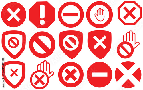 Red Stop, Do Not Enter, Blocked and Forbidden Sign Icon Set – Traffic, Safety, and Prohibition Symbols for Apps and Websites