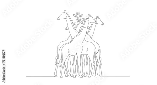 Herd of Giraffes in Single Continuous Line Art Illustration Style Minimalist