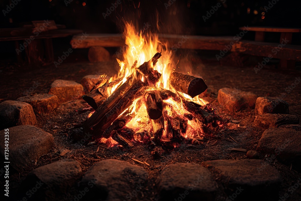 Naklejka premium Campfire burning with wooden logs surrounded by stones