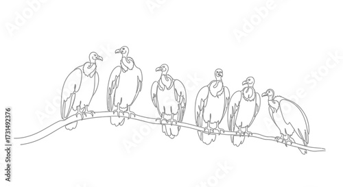 Vultures in a Row An Illustration of Six Vultures Perched on a Branch