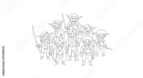 Ensemble of Animated Elves Standing Together in a Group Outlined