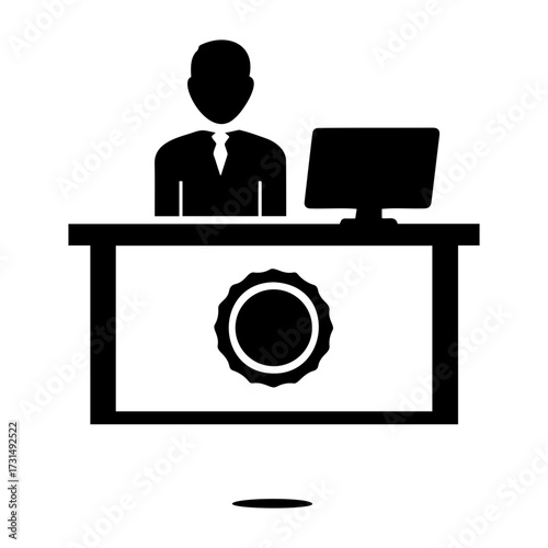 Vector silhouette of a person behind a desk with a computer and seal emblem in black and white on transparent background