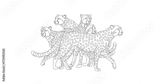Illustration of a Family of Cheetahs in Motion, Spot Patterned Line Art