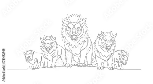 Majestic Line Art of Fantasy Tiger Family Portrait Illustration
