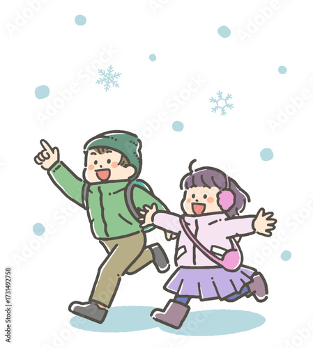 雪の中お出かけする冬服の子どもたちのイラスト