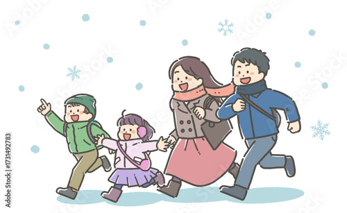 雪の中お出かけする子ども連れの家族のイラスト