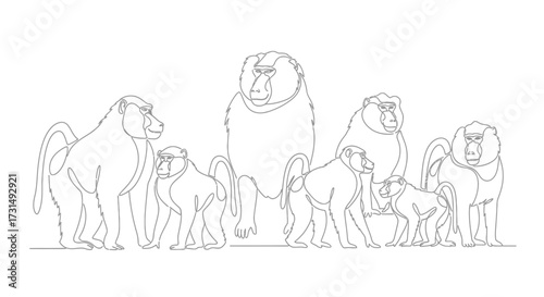 Drawn Baboon Family Portrait Line Art of Baboons Standing Together in Harmony