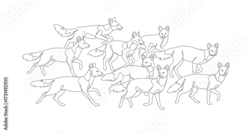 A Charming Pack Detailed Line Art of African Wild Dogs in Motion