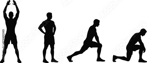 Silhouette illustration of man exercising, stretching, and fitness poses, male workout figure vector design, active lifestyle concept for health, gym, training, and sports themes