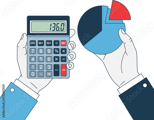 Illustration of a person holding a calculator and a pie chart, representing data analysis.