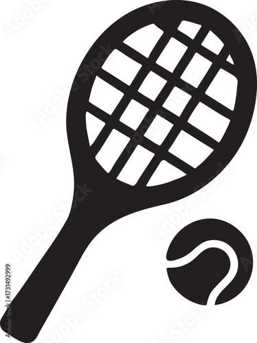 Tennis racket and ball silhouette icon, perfect for sports, game, fitness, and recreation design.