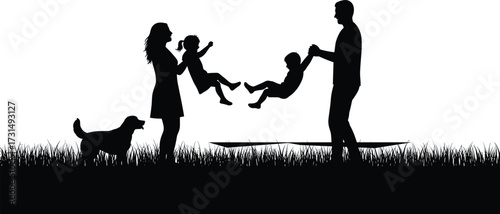Silhouette illustration of happy family with children and dog enjoying outdoor park activities, parents swinging kids, leisure lifestyle concept for bonding and togetherness