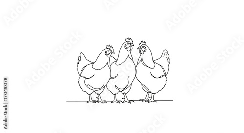 Three Chickens Line Art Farmyard Friends in Simple Elegance, Poultry Portrait
