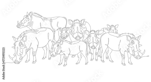 A Line Drawing Depicting a Group of Warthogs in a Detailed Illustration