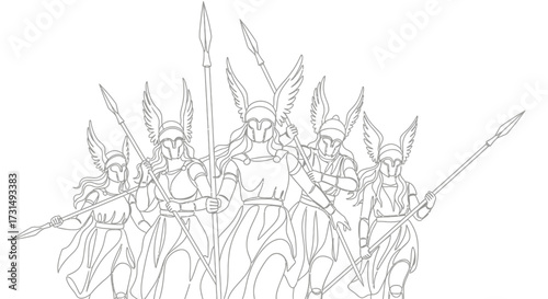 Valkyrie Guardians Mythic Warriors Line Art Illustration with Winged Helmets