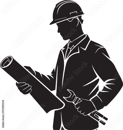 architects and engineers holding blueprint silhouette vector illustration
