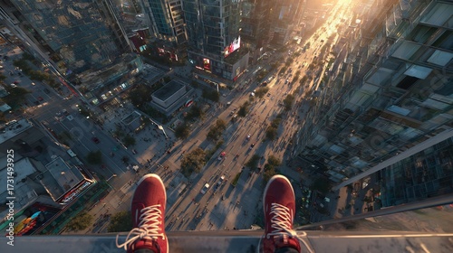 First-person view of feet in red sneakers on a skyscraper edge, overlooking a bustling city street at sunset with long shadows and urban architecture below.