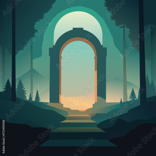 arch glowing faintly in foggy forest  (1).eps