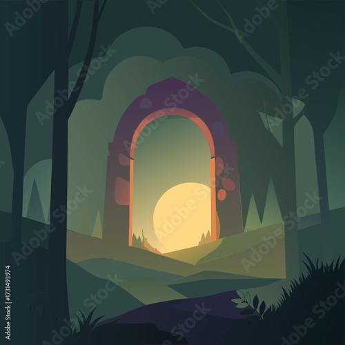 arch glowing faintly in foggy forest .eps