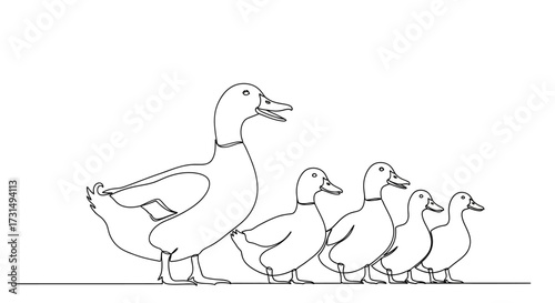 Mother duck leading her small flock of ducklings in a charming line art illustration