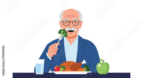 An elderly man enjoys a healthy meal of turkey and vegetables.