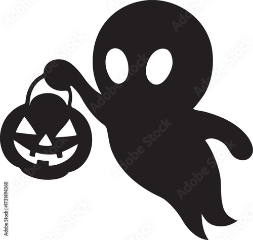 Cute baby ghost holding pumpkin lantern silhouette, perfect for Halloween and spooky design.