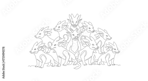 Dynamic Illustration of Mythical Creatures Grouped Together in a Fantasy Environment for Creative Projects and Art Enthusiasts