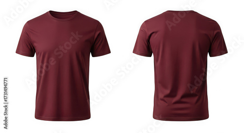 Maroon t-shirt mockup front and back view isolated on white background