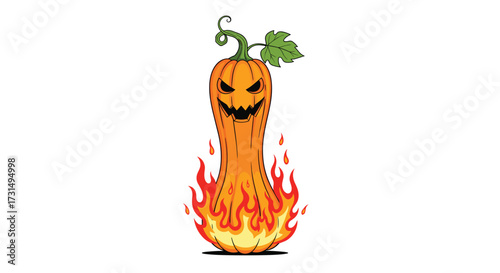 Spooky tall jack o lantern glowing with flames on a white background.