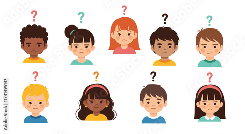 Illustrations of diverse young children with question marks above their heads showing confusion or uncertainty.