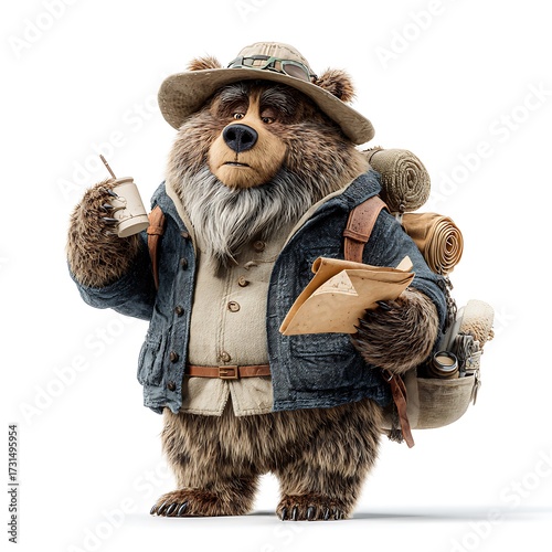 Anthropomorphic Bear Archaeologist Holding Artifact and Map Wearing Jacket and Hat on White Background