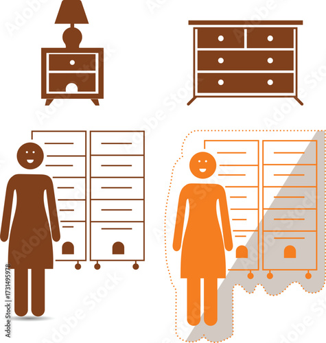 Collection of stylized furniture icons including a nightstand dresser and two different representations of a woman with storage units
