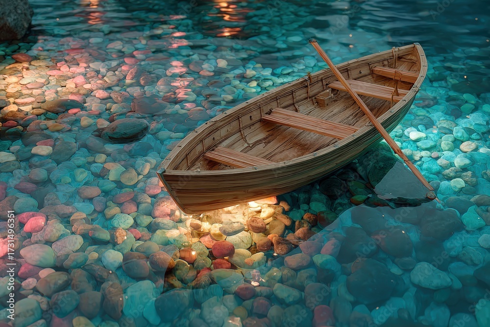 Obraz premium A serene wooden rowboat rests gently on a bed of colorful pebbles, bathed in the soft glow of underwater lights.