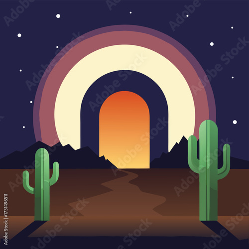 desert cactus arch glowing under moonlight .eps