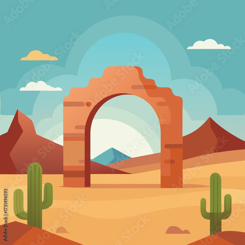desert plateau arch with cactus nearby .eps