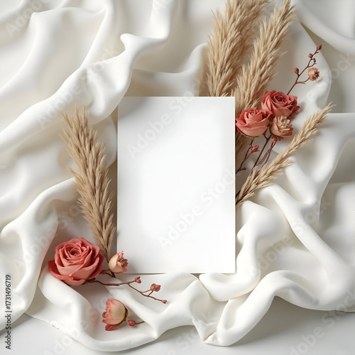Elegant Floral Arrangement with Pink Roses and Pampas Grass on White Satin Fabric