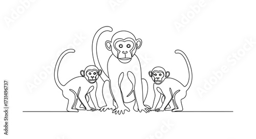 Family Group of Monkeys Playing Together in a Natural Habitat - Wildlife Illustration - Fun and Joyful Interaction